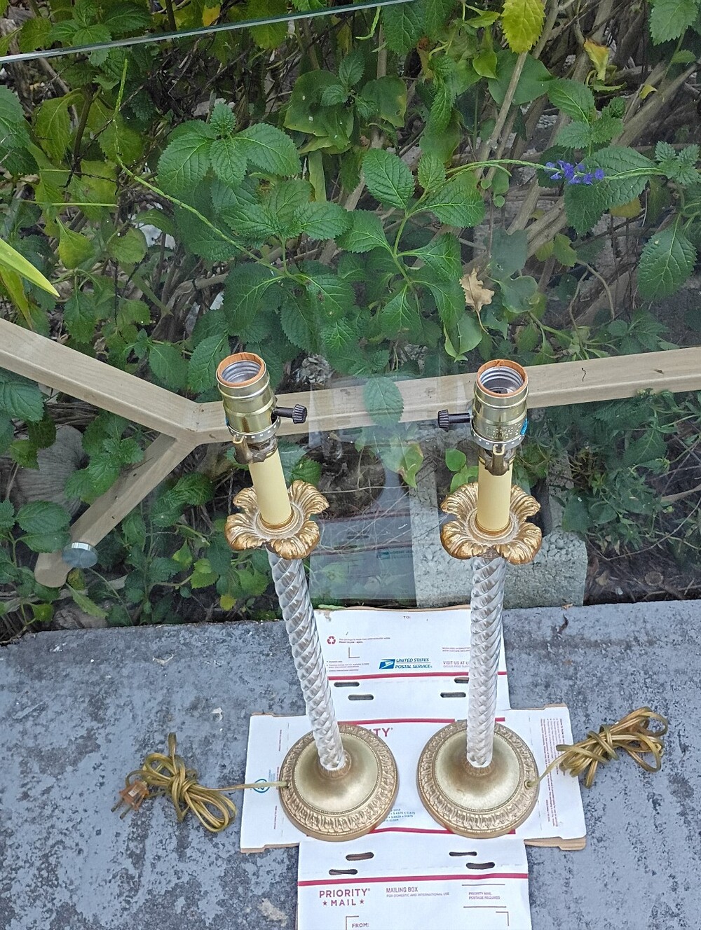 Vintage Gold and Cream Glass-Column Lantern Lamps - Pair